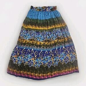 Vtg Chaudry KC Dyed Gypsy Boho Midi Skirt Sz L Blue Green Floral A Line Flowy